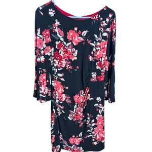 Frank Lyman Floral Dress Black Red Bell Sleeve Ruched Sheath Cocktail Size 8